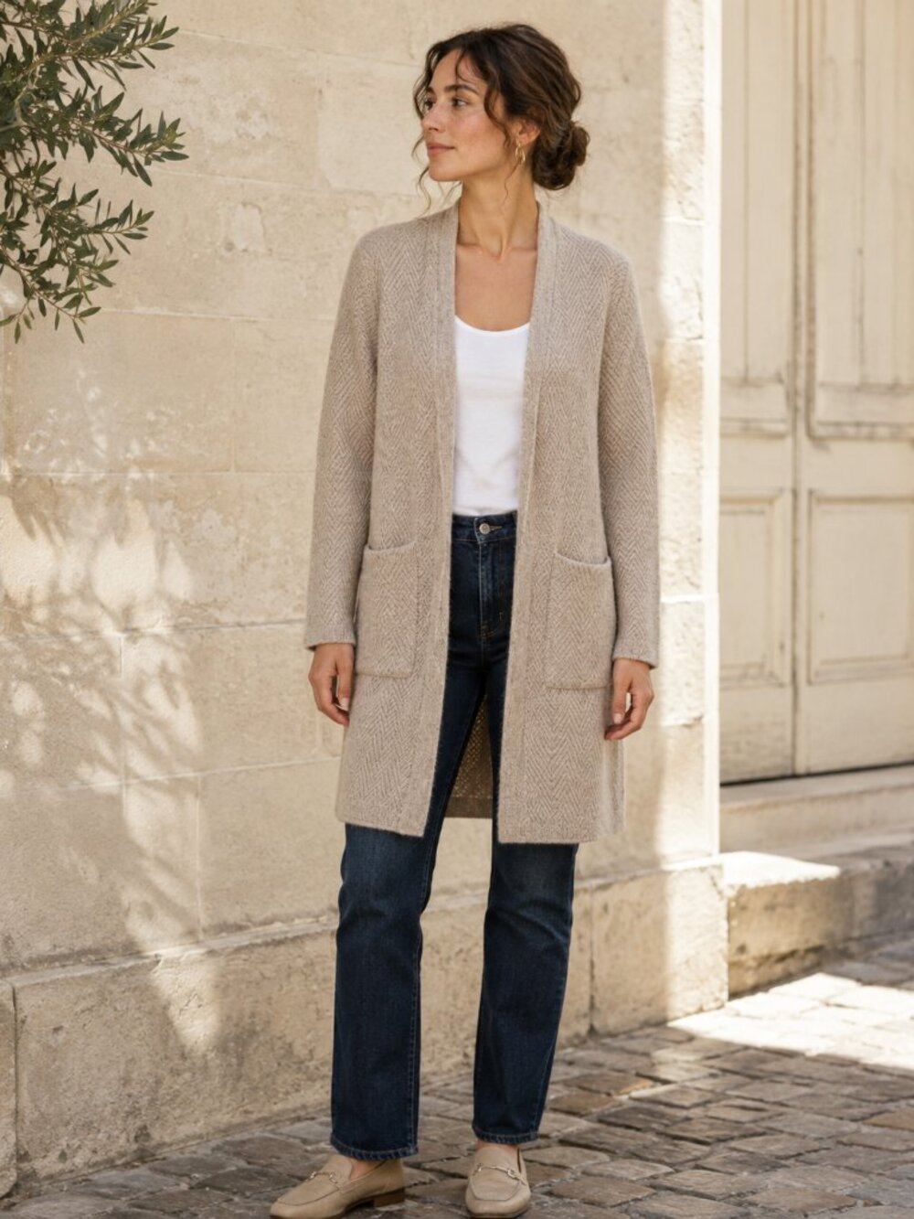 Magnolia Grace Cardigan M Oatmeal Textured Knit Longline Open Front Pockets